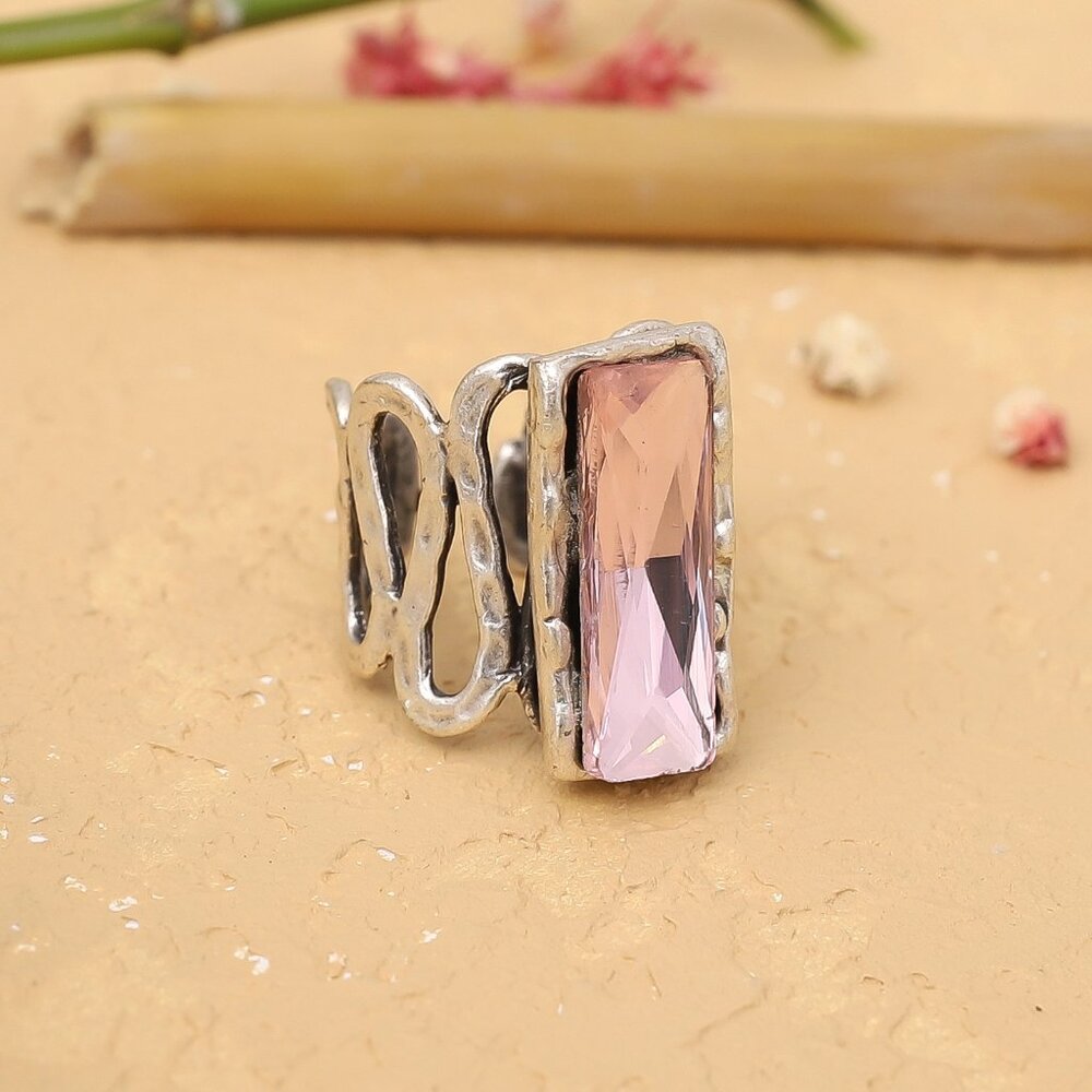 Antique Silver Plated Adjustable Ring with Baugette Crystal Stone